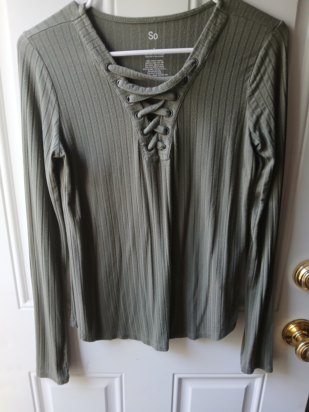 SO Olive Green Ribbed Lace-Up Long Sleeve Top